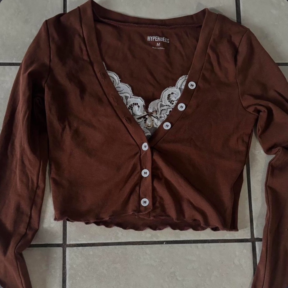 Chocolate Brown Button-Down Women's Lace Bow Top